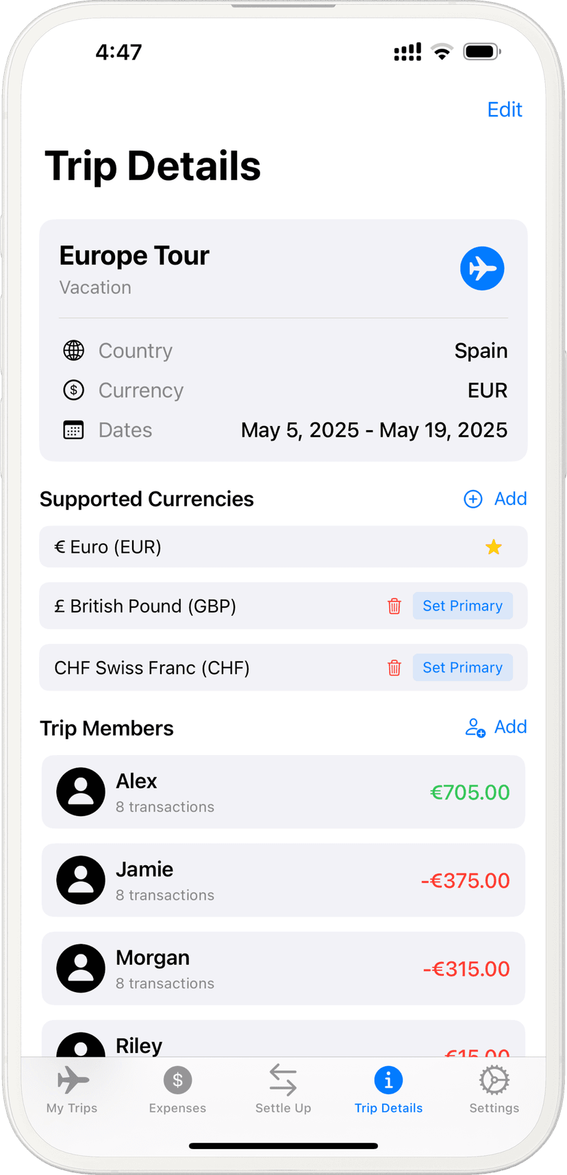 Trip organization interface showing multiple trips