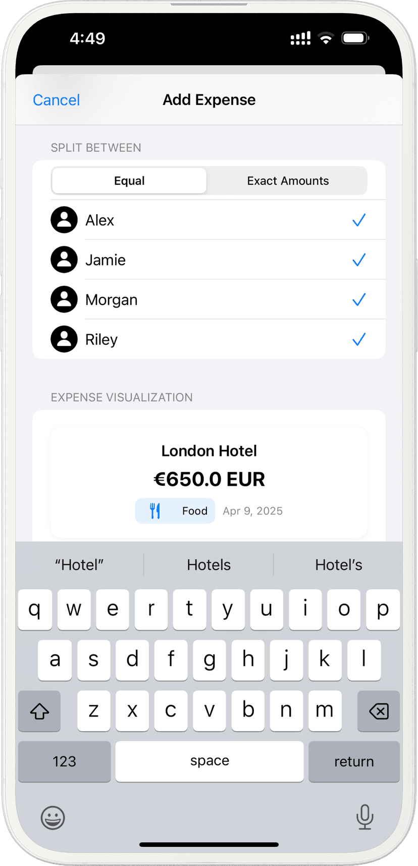 One-tap even split functionality showing equal division
