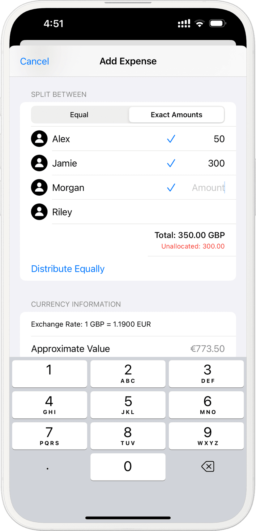Interface for assigning exact split amounts to individuals