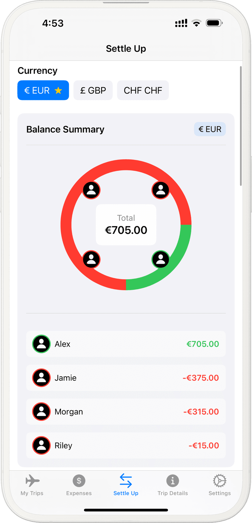 Summary breakdown of expenses and balances