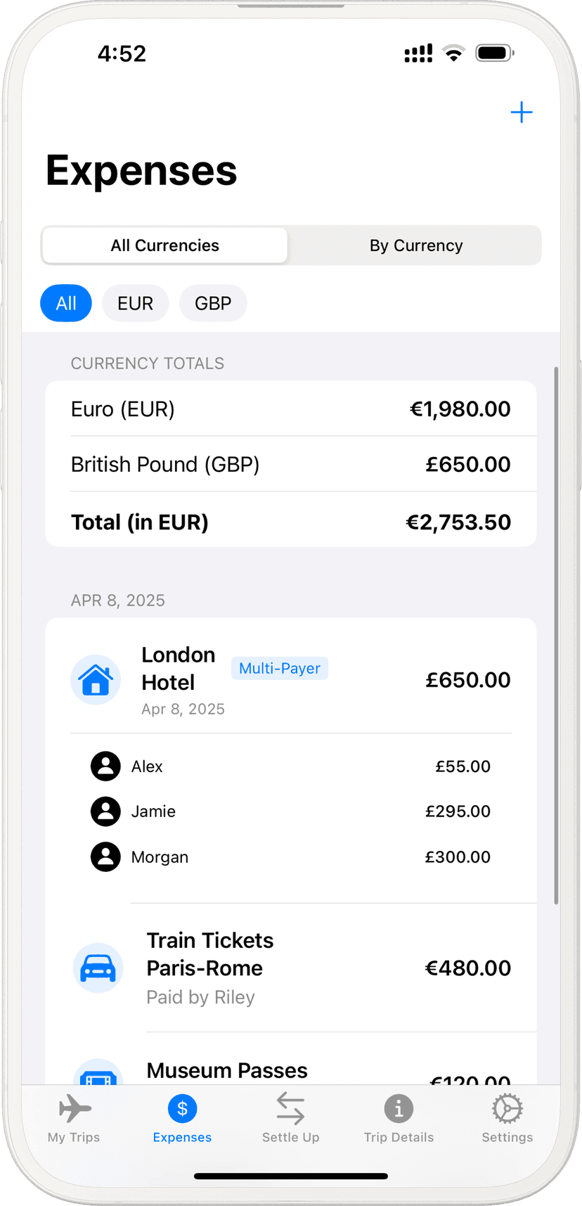 Multi-currency expense tracking with auto-conversion