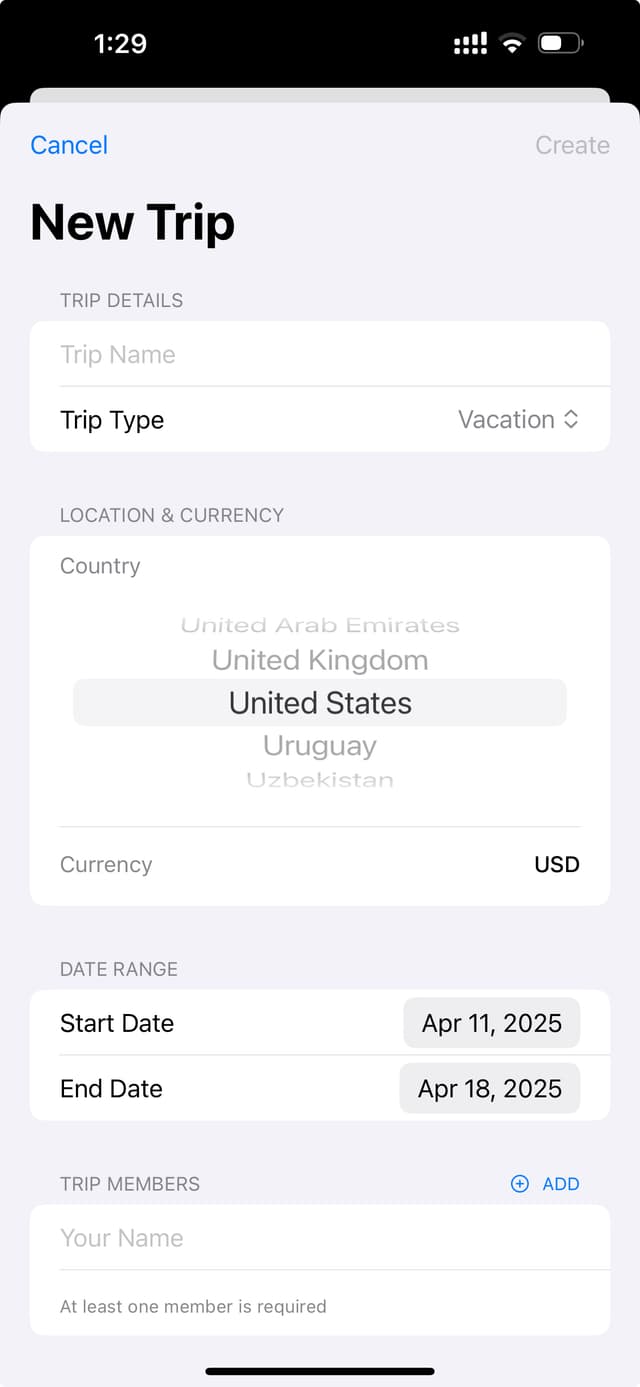 Create New Trip Screen